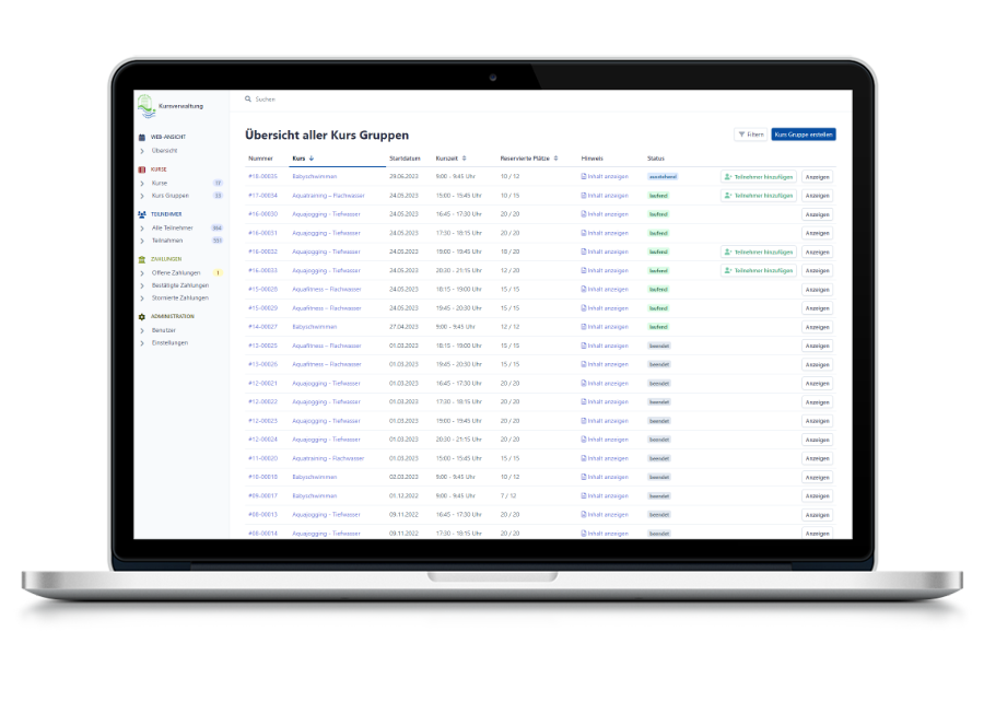 Schwimmkurse App Adminbereich