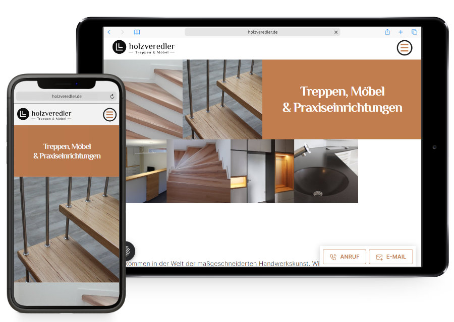 vorschau auf die Webseite der Holzveredler auf Handy und Tablet
