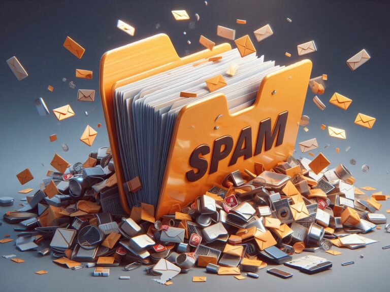 Übervoller SPAM-Ordner umgeben von Datenmüll