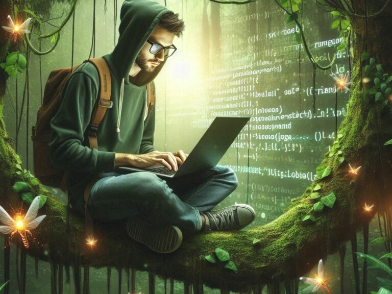 Programmierer sitzt auf einem Baum im Datendschungel