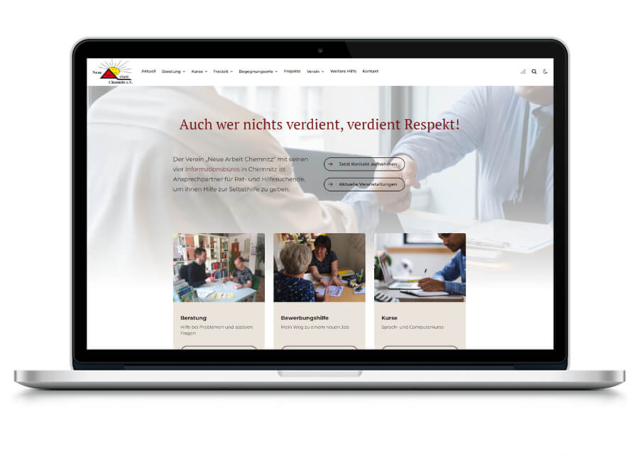Vorschau auf die Webseite von Neue Arbeit Chemnitz e.V. auf einem Laptop
