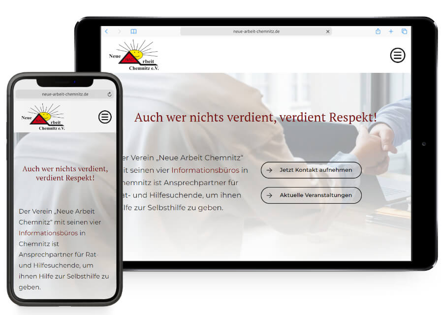Vorschau auf die Webseite von Neue Arbeit Chemnitz e.V. auf einem Handy und Tablet