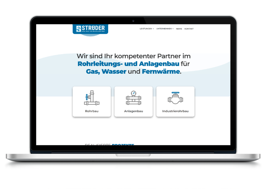 Vorschau auf die Webseite von Strüder Rohr-, Regel- und Meßanlagen GmbH auf einem Laptop