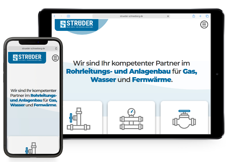 Vorschau auf die Webseite von Strüder Rohr-, Regel- und Meßanlagen GmbH auf Handy und Tablet