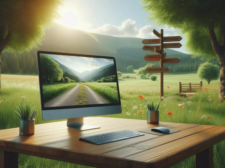 Computer steht auf einer Wiese, auf dem Bildschirm ist ein Weg zu sehen, im Hintergrund ein Wegweiser