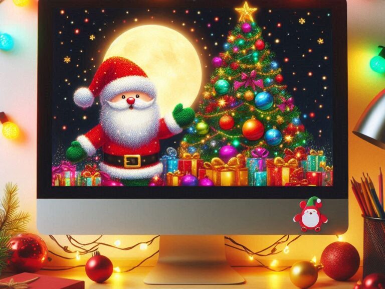 ein durch Ki generiertes Bild mit einem Weihnachtsmann und Weihnachtsbaum auf einem Desktop