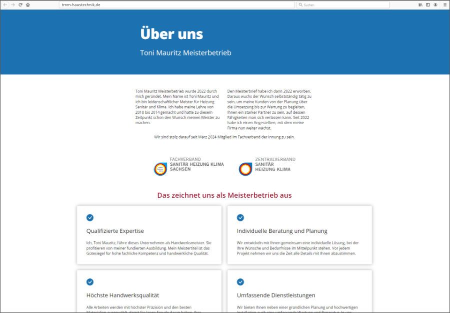 Ein Auzug aus der Webseite tmm haustechnik zur Vorschau